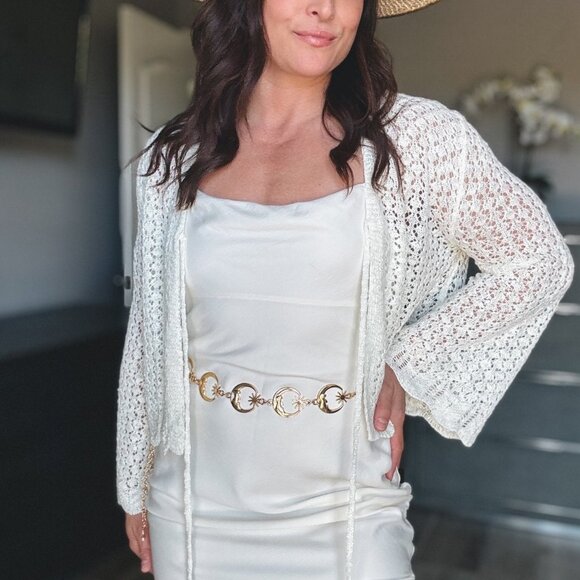 Women's Crochet Knit Tie Front Bell Sleeve Cardigan | Cream - Picture 3 of 7